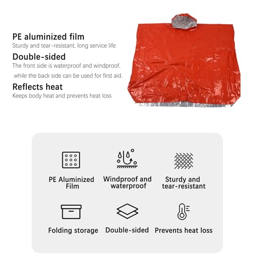 Image of Emergency Poncho with Mylar Lined Hood, Reflective, Thickened Double Sided, 90% Heat Retention, Orange, Ultralight Outdoor Survival Blanket for Men, Women, Adults, Camping, Hiking