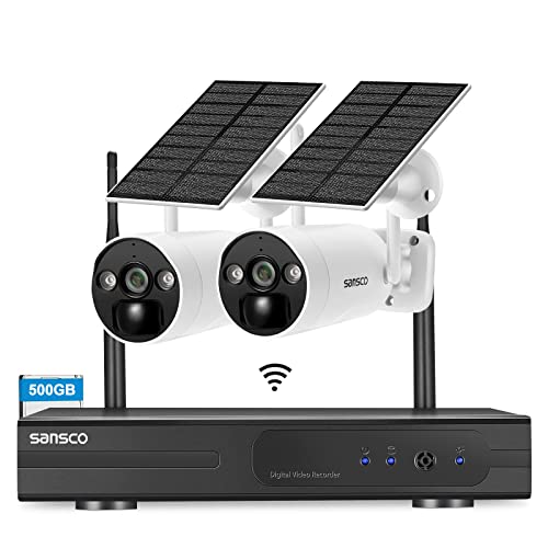 SANSCO Wireless Solar Battery Powered Security Camera System, 10 Channel 2K NVR Recorder with 500GB Hard Drive, 2x 4MP Outdoor WiFi IP Camera with Solar Panel, PIR Detection, 2 Way Audio