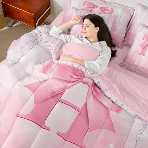 Image of Feelyou Kids Pink Bowknot 7 Pieces Bedding Set Queen Size, Personalized Initial H Bed in A Bag Princess Glitter Comforter Set with Sheets Boys Girls Bow Alphabet Teens Bed Set Bedroom Decor 7Pcs