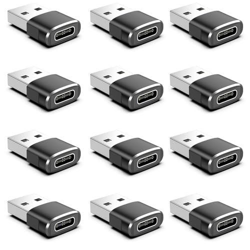 12-Pack USB to USB C Adapter USBA Male to Type C Female Car Charger Adapter USBC Converter for iPhone 17 16 Pro Max 15 14 Plus iWatch Ultra SE 9 10 iPad Air Samsung Galaxy S25 Car Xbox Black