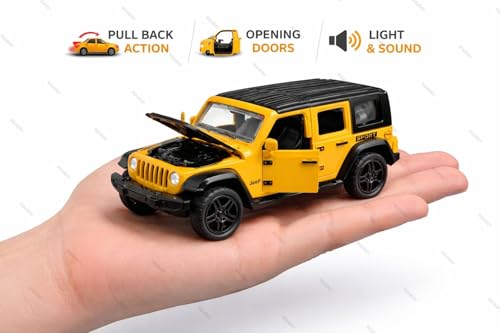 Image of 1:36 Scale Rubicon Car Model - Die-Cast Metal Pull Back SUV with Openable Doors, Lights & Music - Alloy Off-Road Toy Vehicle for Kids, Boys & Collectors (Yellow)