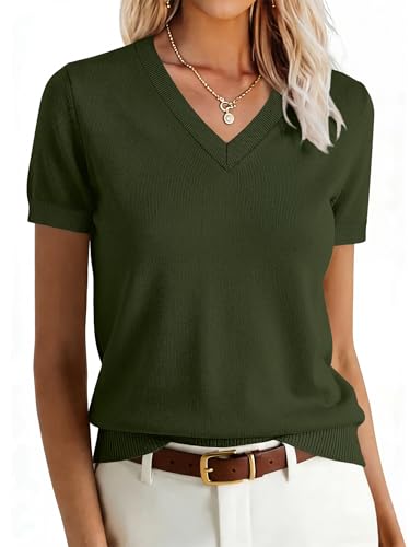 Image of ANRABESS Women Wool Blend Sweater Summer 2026 Short Sleeve V Neck Pullover Top Business Casual Outfit Beach Vacation Clothes