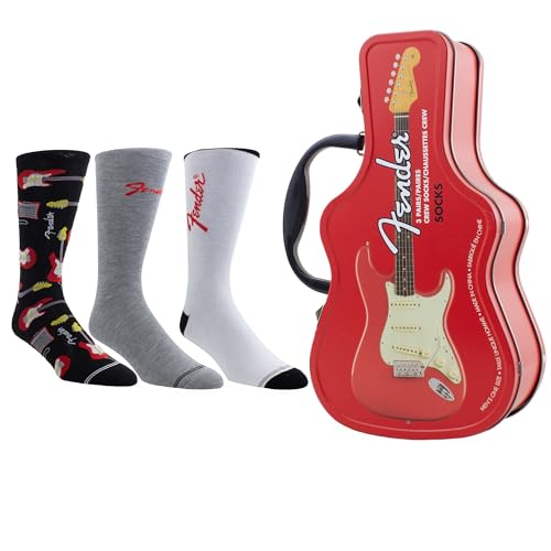 PERRI'S SOCKS Fender Guitar Tin Sock Box - Licensed Fender Merchandise for Women and Men, 3 Pairs of Printed Crew Socks, Size 7-12, Breathable Fabric, Unisex