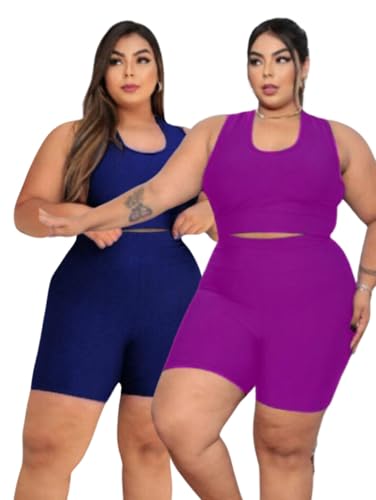 Kit 2 Conjuntos Moda Fitness Top e Short Cós Alto Alto Plus Size