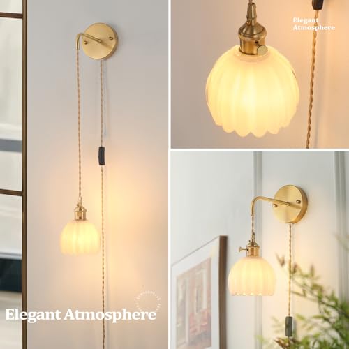 Image of Shenmoyl Vintage Wall Sconce with White Tulip Glass Shade Hanging Wall Sconce with 4.9FT Plug in Cord, Modern Wall Lamp Fixtures Decor for Bedside Bedroom Indoor Doorway