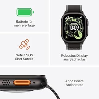 Apple Watch Ultra 3 GPS + Cellular 49 mm Premium Smartwatch für Lauftraining und Kombinationssport mit robustem Titangehäuse in Natur und Ocean Armband in Maritimblau