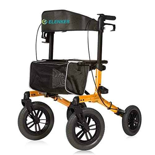 Image of ELENKER All-Terrain Rollator Walker with Non-Pneumatic Tire 12 inch Front Wheels, Compact Folding Design for Seniors (Orange)