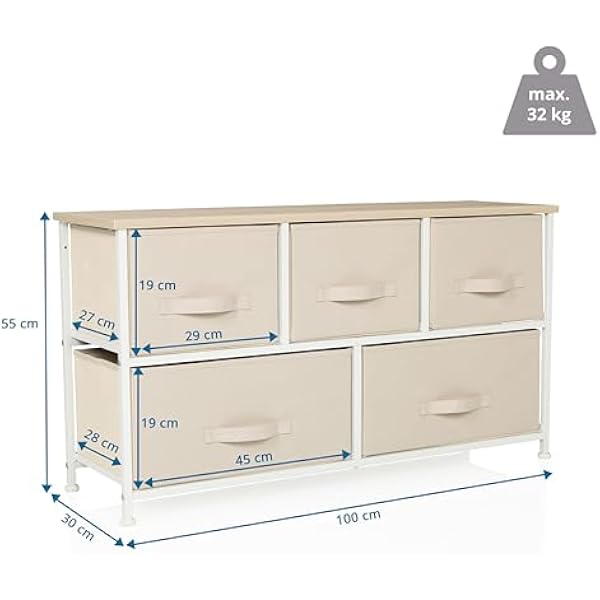 Комод с 5 ящиками из ткани FOLDAR 100 x 30 x 55 см органайзер для комода с регулировкой по высоте металлический каркас бежевый