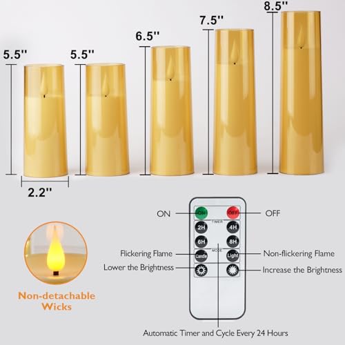 Image of Amagic Flickering Flameless Candles, Battery Operated Candles, Amber Gold Acrylic LED Pillar Candles with Remote and Timer, 3D Wick, Yellow and Blue Glow, D2.2 xH5 5 inch 6 inch 7 inch 8 inch, Set of 5