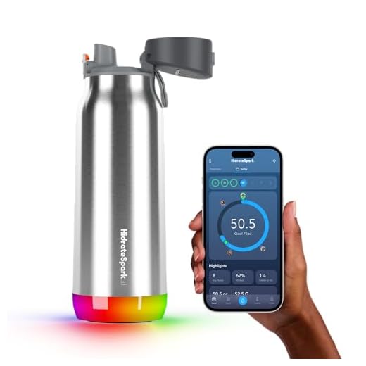 Hidrate Spark PRO Smart Water Bottle – Insulated Stainless Steel – Tracks Water Intake with Bluetooth, LED Glow Reminder When You Need to Drink – Chug Lid, 32oz, Brushed Steel
