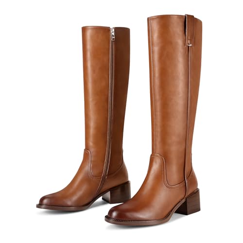 Image of Women's Knee High Boots Chunky Low Block Heel Round Toe Faux Leather Rinding Boots with Side Zip Fashion Tall Boots for Women