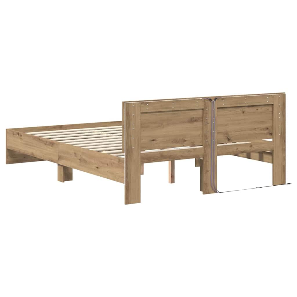 Brokky Cama 135x190 con cabecero y Luces LED Estructura Cama de Madera Cama Matrimonio con somier y Base Cama Juvenil-Roble artisan-135 x 190 cm
