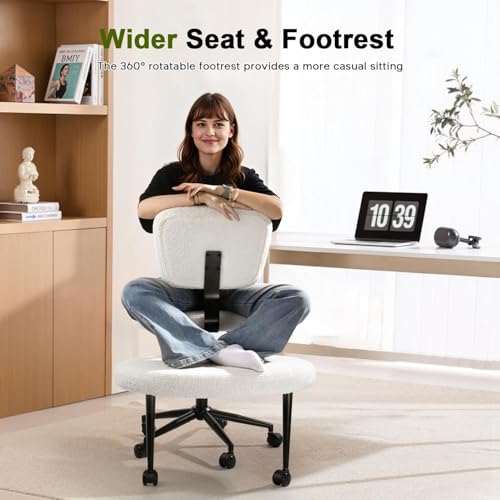 Image of Waleaf Ergonomic Cross Legged Office Chair, ADHD Chair for Adults, Height Adjustable Meditation Chair with Wheels, Teddy Fabric Yoga Kneeling Chairs with Comfortable Back Support (White)