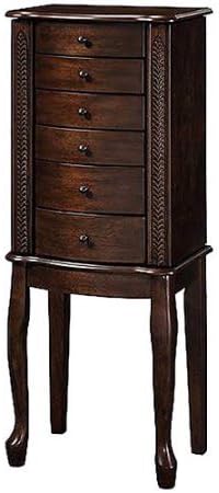 Wooden Jewelry Armoire with Lift Out Jewelry Box, Warm Walnut Finish,5 drawers and 2 side swing out doors with necklace hooks, top compartment, Flip-top mirror, lots of storage 14.5"L x 10"W x 38"H