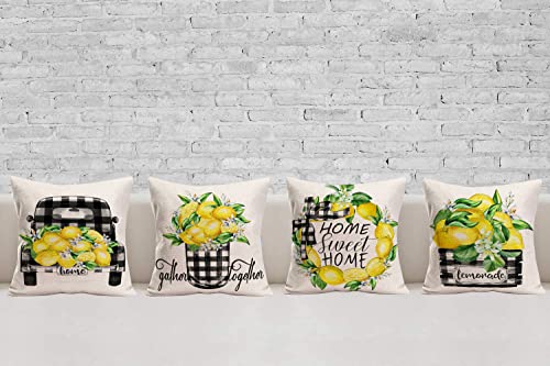 Smilyard Buffalo Plaid Lemon Throw Pillow Covers Home Sweet Home Decorative Pillow Cases 18X18 Inch Set Of 4 Black Truck Lemon Fruits Cushion Cover Cotton Linen Outdoor Pillowcase For Sofa(Lemon 4) #TOP3