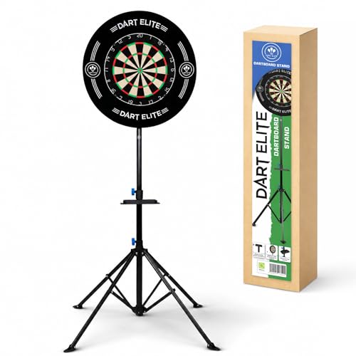 Professional Dart Board Stand with Four Legs Creating a Stable Base Accessories Tray and Stabiliser Rod Compatible with All Bristle Dartboards Screws Included Black.