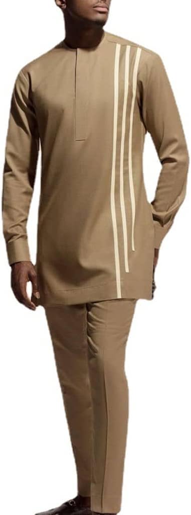 Men‘s Shirt Long Sleeve Two Piece Set Suit Tracksuit African Dashiki and Pant Clothing Attire Traditional Outfits (Color : Brown, Size : 4X-Large)