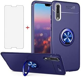 Phone Case for Huawei P20 Pro with Tempered Glass Screen Protector Cover Magnetic Stand Ring Holder Accessories Shockproof Full Body Silicone Huwai Hawaii Hwauei Haweii P 20Pro 20 P20pro Women Blue