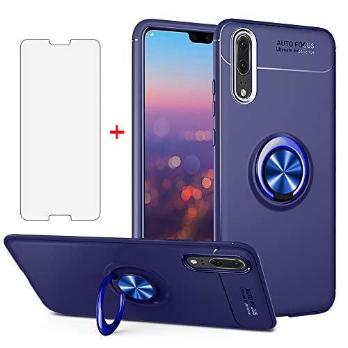 Phone Case for Huawei P20 Pro with Tempered Glass Screen Protector Cover Magnetic Stand Ring Holder Accessories Shockproof Full Body Silicone Huwai Hawaii Hwauei Haweii P 20Pro 20 P20pro Women Blue