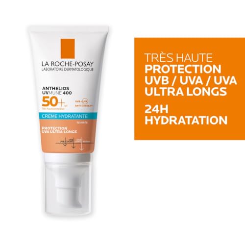 La Roche-Posay, Anthelios UVmune 400, Crème Solaire Hydratante Teintée, SPF50+, Très Haute Protection UVA et UVB, Convient aux Peaux Sensibles, Résiste à l'Eau, Avec Parfum, 50 ml
