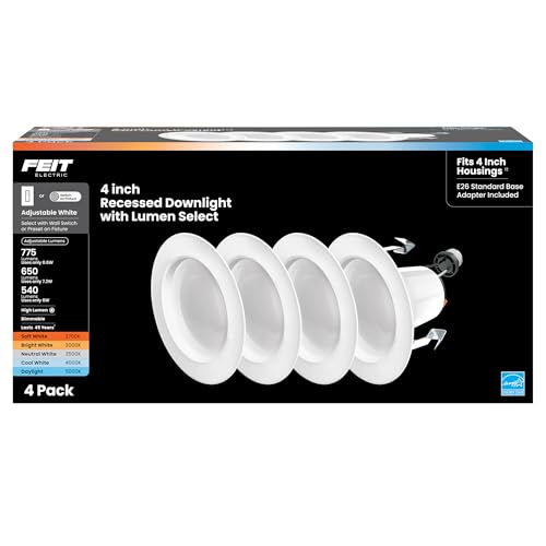 Feit Electric 4 Inch LED Recessed Downlight with Lumen Select, 75W Equivalent, Dimmable, 775 Lumens...