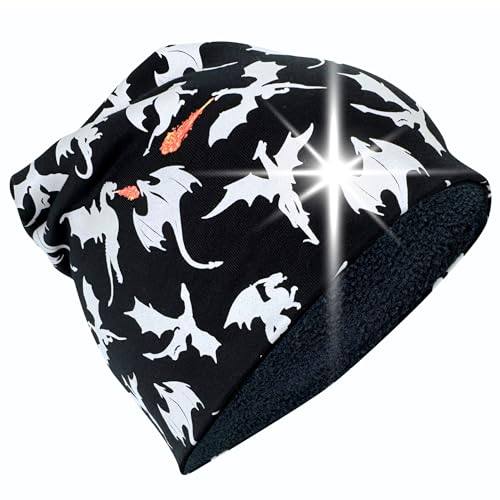 HECKBO 360° Reflektor Kinder Beanie Mütze - Vlies Stoff innen für Winter - Drachen