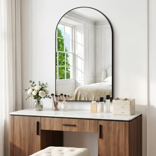 Image of BONEWEI Arched Wall Mirror,30x45 inch Black Arched Mirror Bathroom,Vanity Mirror for Over Sink Metal Frame,Tempered Glass Arch Mirrors for Bedroom,Entryway,Living Room,Home Decor Shatter-Proof