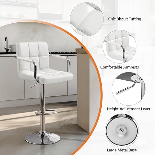 Image of Yaheetech Bar Stools Set of 3, Swivel with Backs, Adjustable Height, White