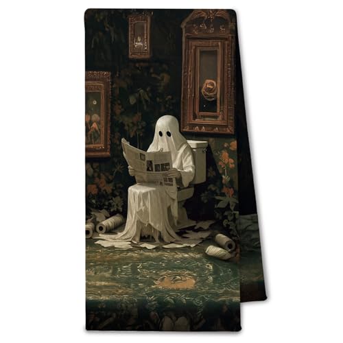 ChissNook Halloween Ghost Dark Academia Decor Bathroom Hand Towels, Spooky Vintage Cottagecore Gothic Ghost Decorative Hand Towel for Bathroom Washroom Restroom, 16x24 Inch