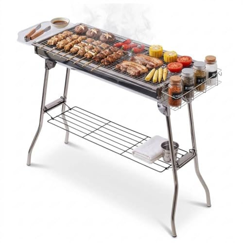 【累計7000台突破】 バーベキューコンロ 大人数 大型 折り畳み 折りたたみ bbq バーベキューグリル 軽量 組立不要 ステンレス 焼き網幅73cm 持ち運び 焼き網2枚付属 調味料ラック付き seathestars