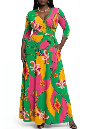 Image of AOMONI Women's Maxi Dresses Summer Casual Wrap Tie Waist Long Dress | Floral Print Dress With Belt,V-Neck 3 /4 Sleeve Empire Waist Wrap Dresses