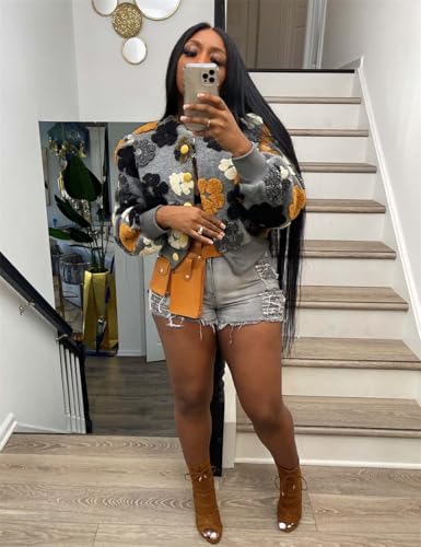 Women's 3D Flower Cropped Bomber Jacket Button Down Varsity Jackets2