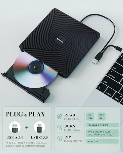 Image of PeroBuno External CD DVD Drive, USB 3.0 Type-C Optical Drive, 0.5-inch Ultra-Slim Portable DVD CD ROM Disc Player Reader Writer Rewriter Burner Recorder for Laptop PC MacBook Windows Linux Mac OS
