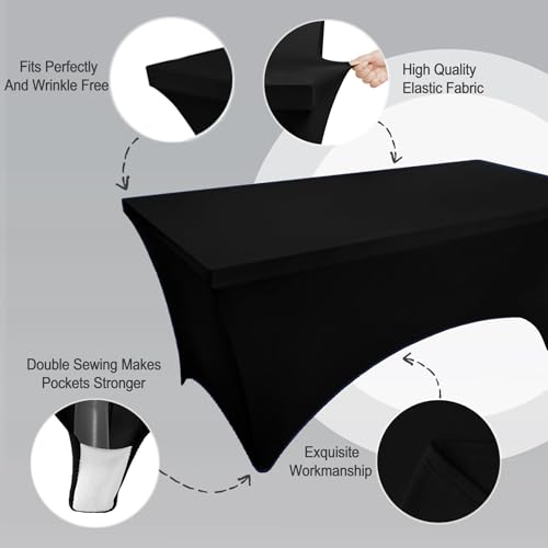 Image of FOLINS&HOME 2 Pack Black 8ft Fitted Spandex Water Resistant Tablecloth | Washable Elastic Rectangle Table Cover for 8 Foot Folding Tables, Stretch Table Cloth for Weddings, Banquets, Parties (2 Pcs)