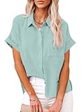 IPMQ Womens Cotton Linen Button Down Shirts Short Sleeve Dress Shirts Casual Summer Tops Blouses with Pockets Teal