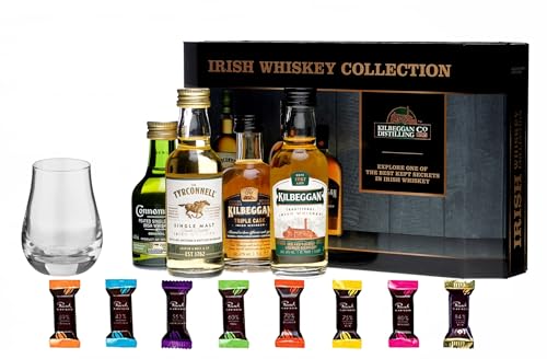 Cooley 4 irische Whiskey Miniaturen + Spey Dram Glas + 8 Edelschokoladen in 8 Sorten