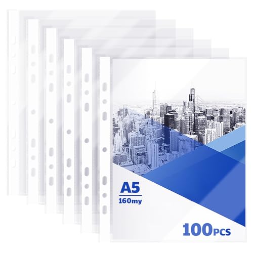 Image of 100PCS A5 Punched Pockets, A5 Plastic Wallet 160 Micron Heavy Duty, 7 Hole Clear Plastic Sleeves Top Opening, Frosted Poly Pockets for 2/3 Ring Binders, Files Protector for Office, School, Home