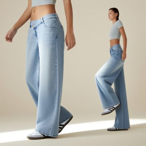 Asymmetric Low Rise Zipper Pockets Baggy Wide Leg Washed Casual Jeans Crossover Wide Straight Leg Denim Pants2