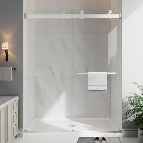 EASYWORC Frameless Double Sliding Shower Doors, 55-60" W x 76"
