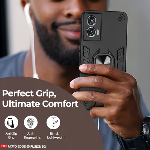 Image of AESTMO Moto Edge 50 Fusion Back Case Cover | Tough Armor Bumper | Ring Holder & Kickstand in-Built | 360 Degree Protection Cover for Moto Edge 50 Fusion (Black)