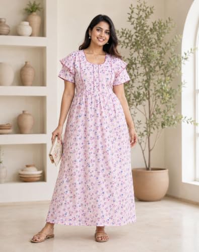 Image of Women's Pure Cotton Floral Maxi Nighty, Frock Style Short Sleeve Full Length Night Gown with Adjustable Belt, Comfortable Sleepwear, Pack of 2