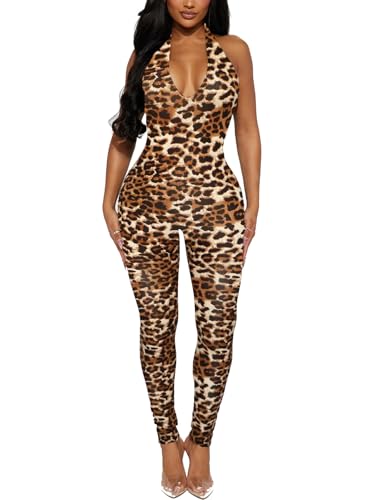 Image of Women's Halter Bodycon Black Jumpsuits - One Piece Backless Leopard Summer Casual Workout Club Pants Rompers Outfits Catsuits, Leopard, XX-Large