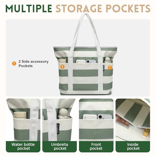 Image of Large Canvas Tote Bag for Women, Beach Bag with Zipper, Utility Tote Bag with 3 Front Pockets, Weekender Pool Bag