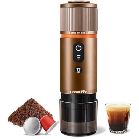 CONQUECO Portable Espresso Coffee Machine: 12V Electric Small Travel Expresso Maker - Self Heating 8 Cups Battery Powered Compatible for Nespresso Capsule - for Camping RV Hiking Office (Brown) Cover