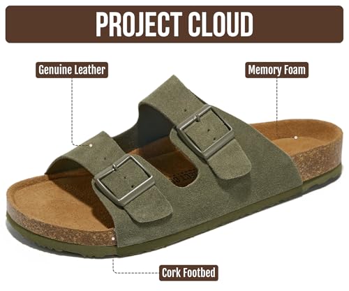 Image of Project Cloud Mens Sandals, 100% Genuine Leather Mens Slides (Heritage) | Memory Foam Insole & Cork Footbed Slides for Men Footwear Non Slip Summer Sandals for Men & Lightweight Sandals Men