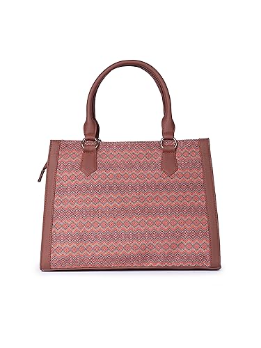 Image of ZOUK Printed Jute Handcrafted Vegan Leather Multicolor Women's Satchel Bag | Ladies Purse Handbag | Double Handle Detachable Strap
