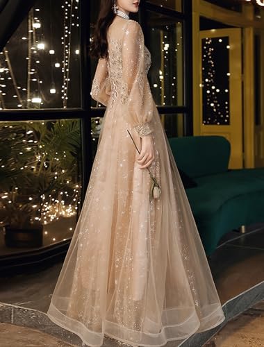 Noufany A-Line Prom Dresses Wedding Guest Party Wear Long Sleeve Jewel Neck Tulle with Sequin 2023 GD8083