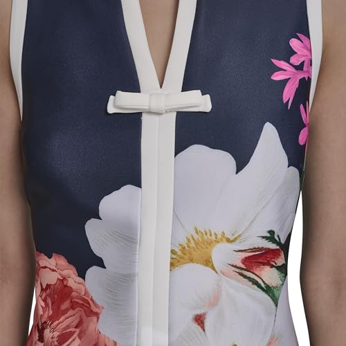 Image of Karl Lagerfeld Women's Sleeveless Split Neck Contrast Trim A-line Mini Dress with Bow Detail