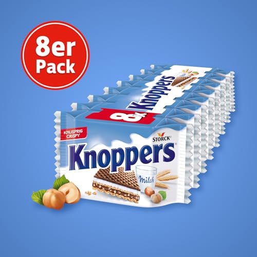 Knoppers – 8 x 25 g – Gefüllte Waffelschnitten mit Milch- und Nougatcreme, Haselnüssen und Kakao