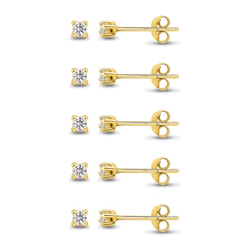 Yellow Gold Flashed Sterling Silver 2mm Round Stud Tiny CZ Earrings Set for Men Women, 5 Pairs
